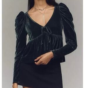 NWT Anthropologie Maeve S Emerald Green Babydoll Puff Sleeve Stretch Velvet Top